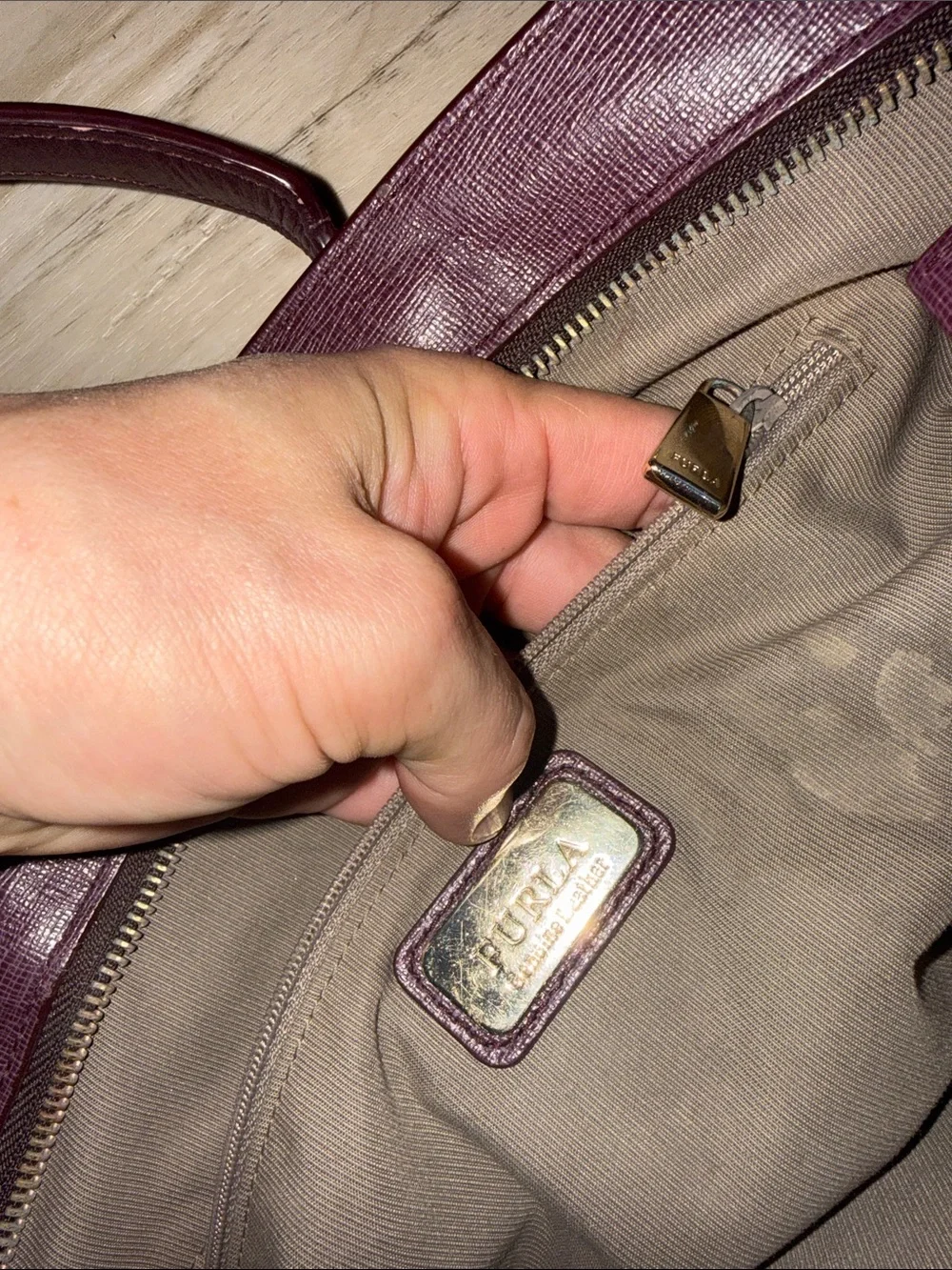 Furla Plum Leather Tote with Gold Hardware